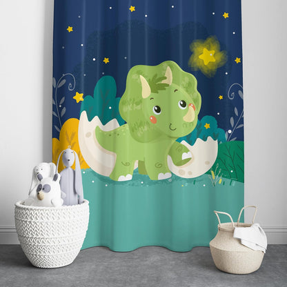 A green dinosaur stands under a starry night sky, illuminated by a glowing moon.