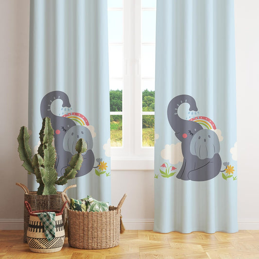 A decorative curtain with an elephant and a vivid rainbow design.