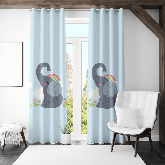 A curtain illustrated with an elephant and a colorful rainbow above it.

