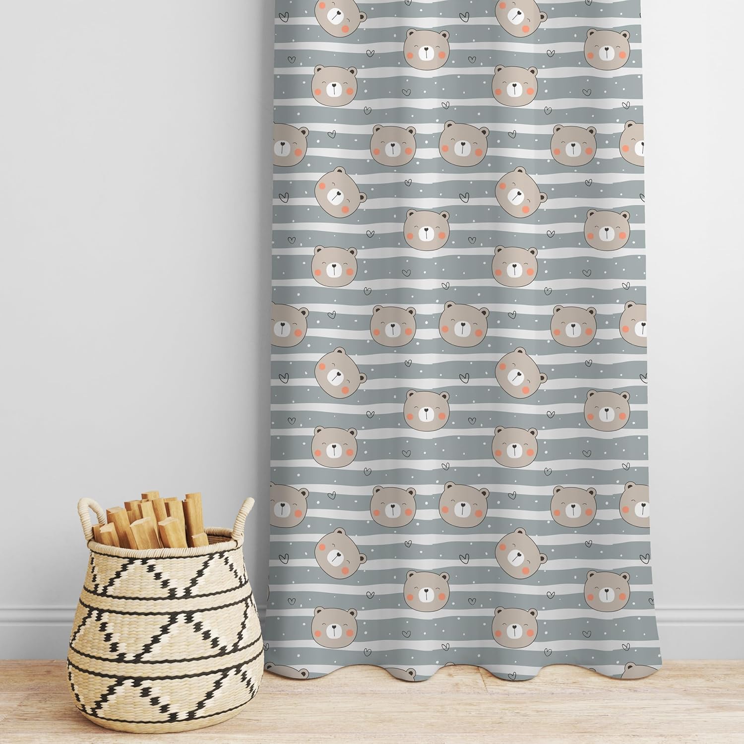 Grey and white striped curtain featuring a playful bear pattern throughout the fabric.
