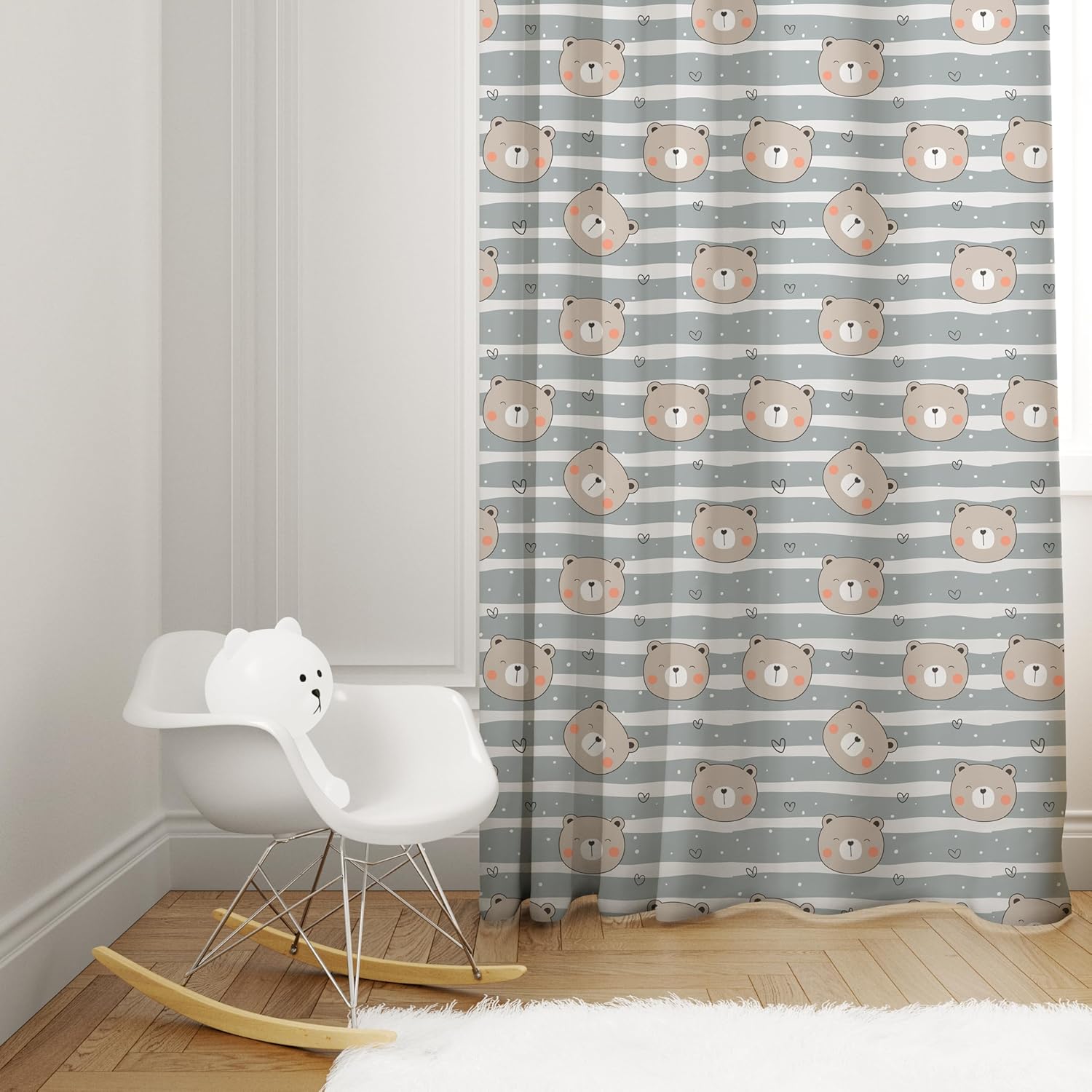 Striped curtain in grey and white, decorated with a charming bear motif
