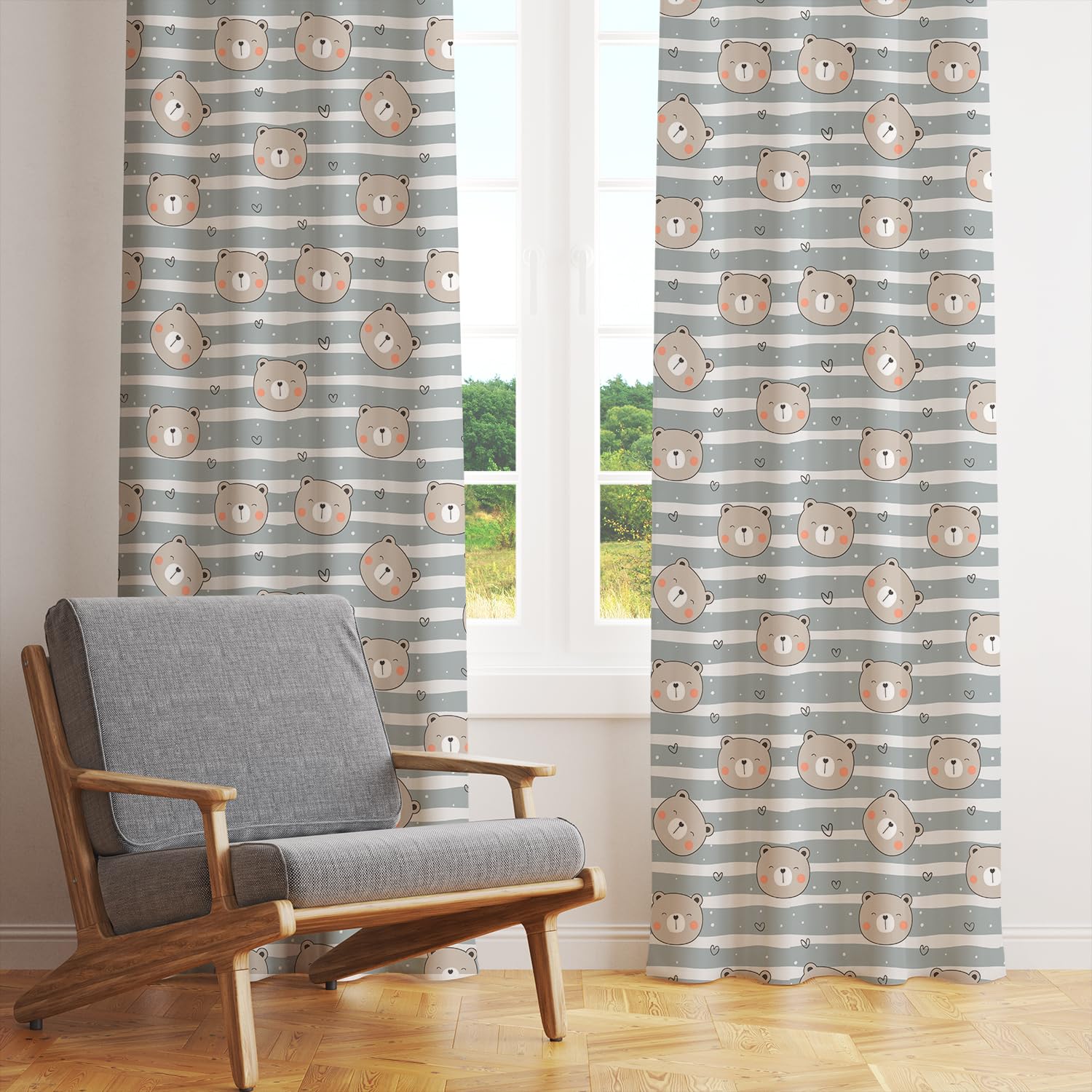 Grey and white striped fabric curtain showcasing a pattern of bea