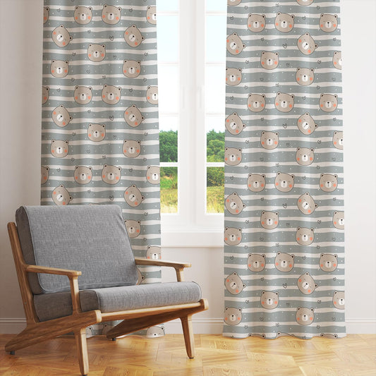 Grey and white striped fabric curtain showcasing a pattern of bea