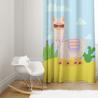 Llama sporting sunglasses with a cactus in the background, creating a whimsical and sunny desert atmosphere.