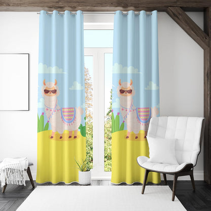 Sunglasses-clad llama stands near a cactus, embodying a cheerful and quirky desert landscape.