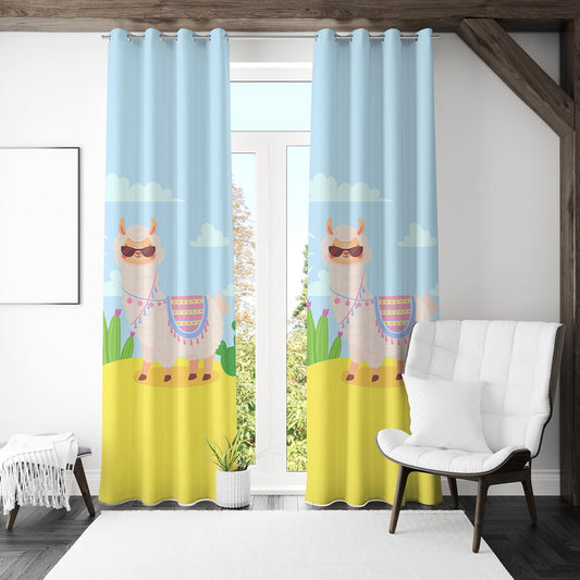 Sunglasses-clad llama stands near a cactus, embodying a cheerful and quirky desert landscape.