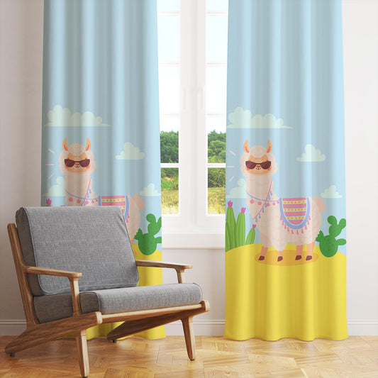 A llama in sunglasses is featured with a cactus behind it, capturing a lighthearted desert moment.