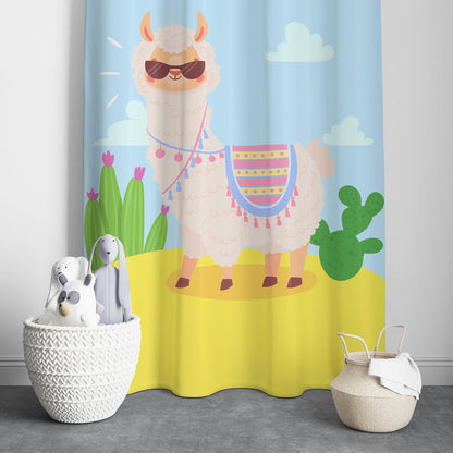 Llama wearing sunglasses stands in front of a cactus, showcasing a fun and relaxed desert scene.
