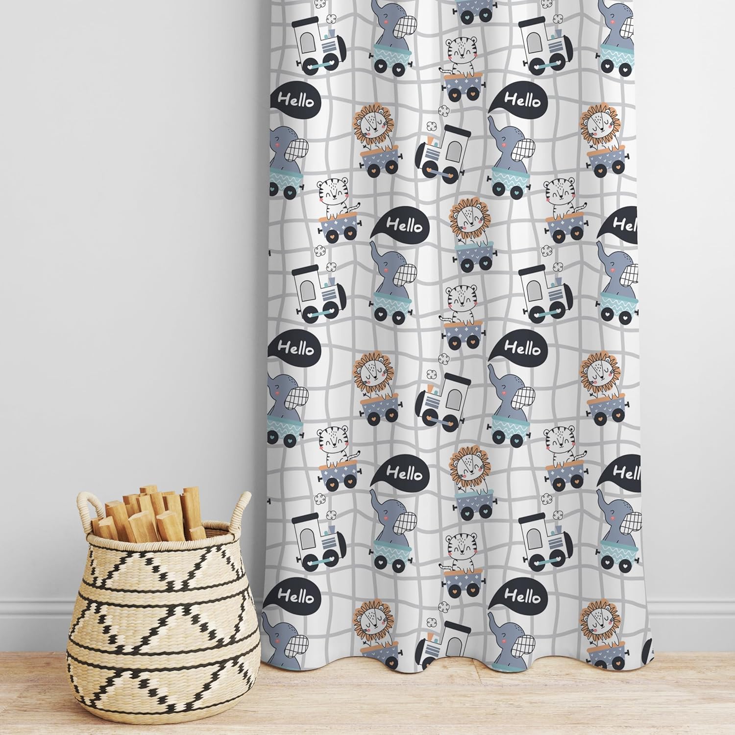 A baby elephant curtain featuring colorful cartoon animals in a playful design, perfect for a nursery or celebration.