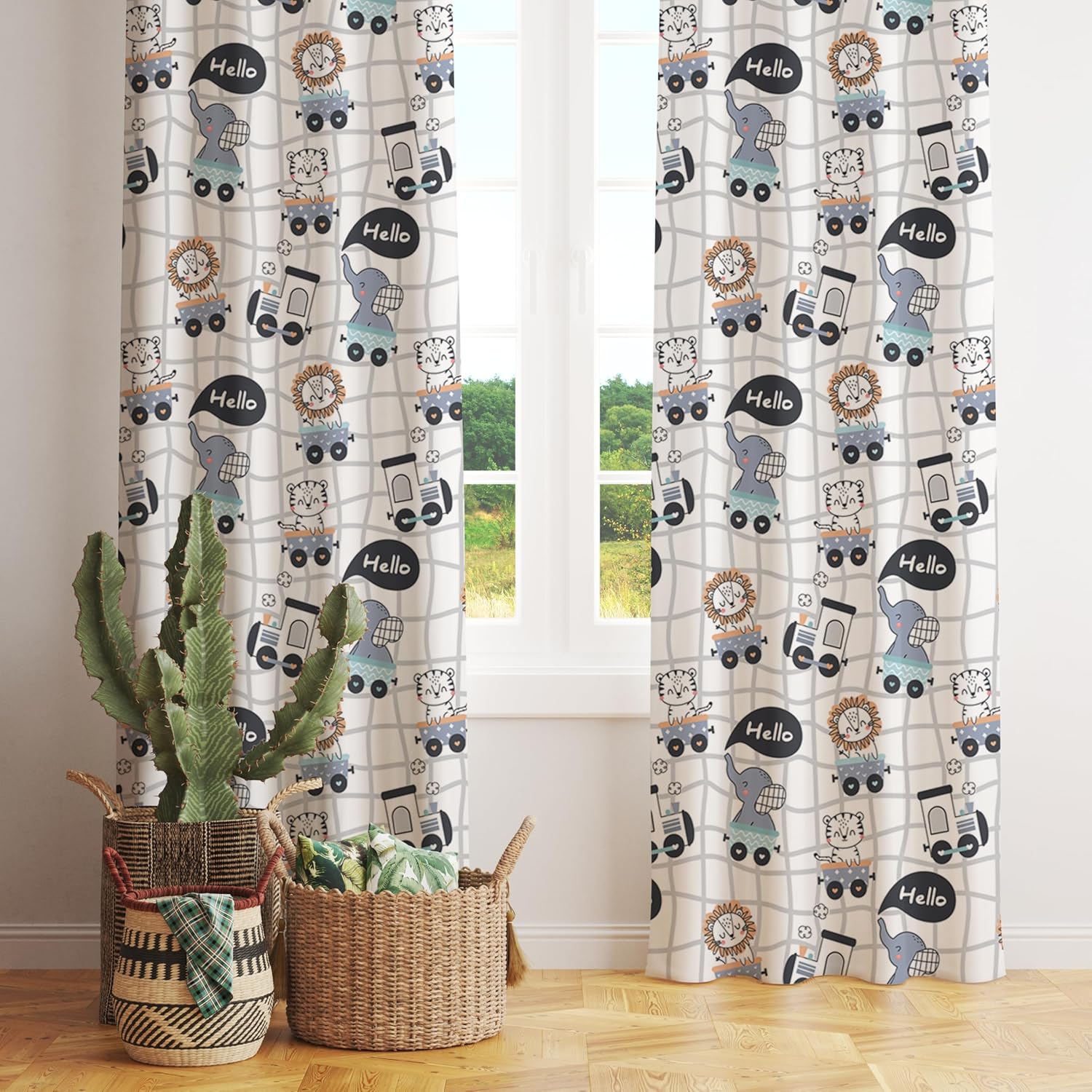 A vibrant baby elephant curtain showcasing various cartoon animals, adding a playful touch to the event decor.