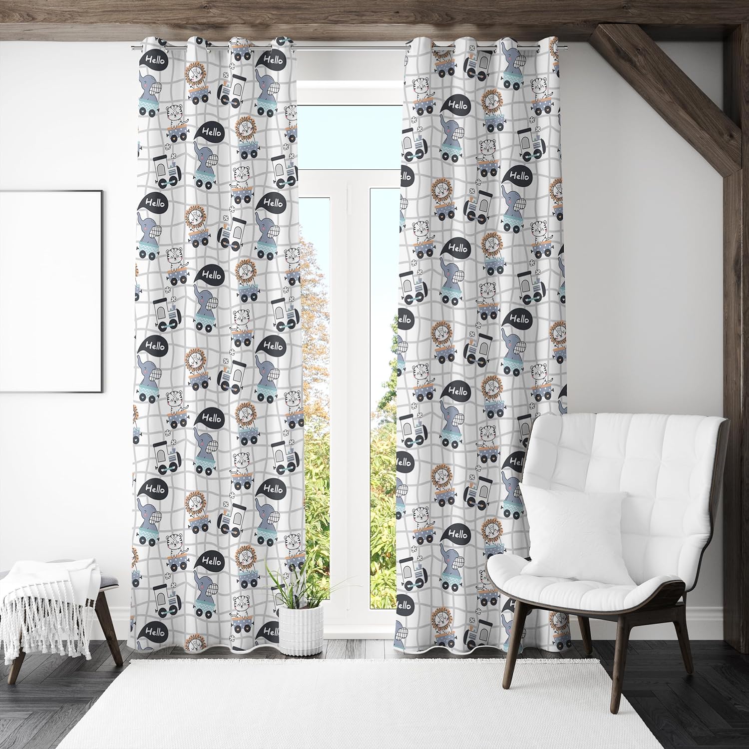 A whimsical baby elephant curtain adorned with cheerful cartoon animals, ideal for creating a fun atmosphere.