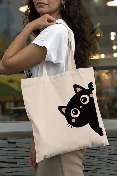 Women showing Cute cat cotton tote bag