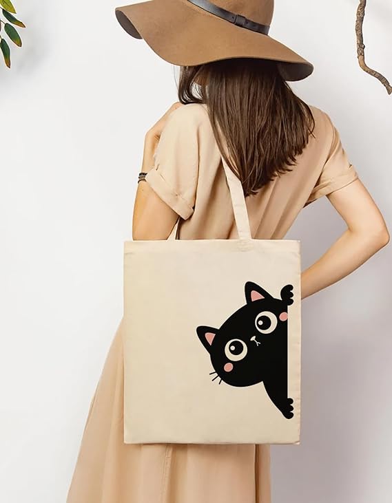 Women carrying cute cat cotton tote bag 