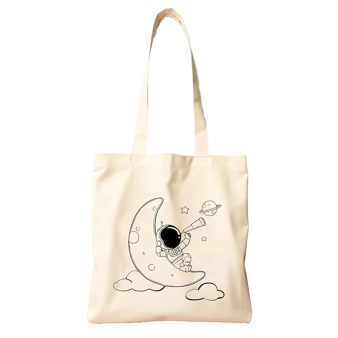 Astronaut & Moon print cotton tote bag white background