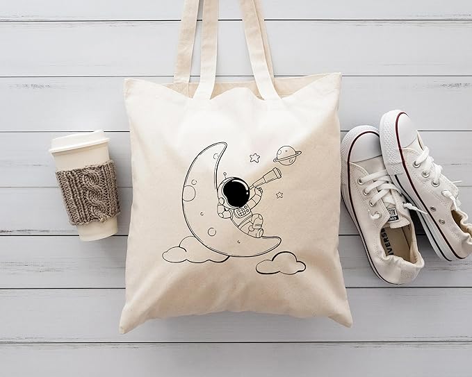 Astronaut & Moon print cotton tote bag photoshoot