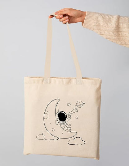 Astronaut & Moon print cotton tote bag 