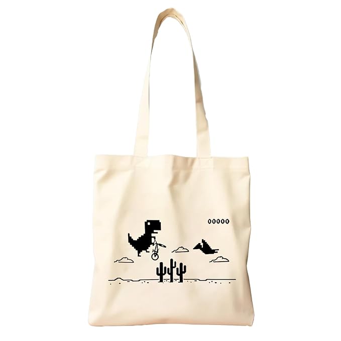Women Holding Cool dino print cotton duck tote bag on white background