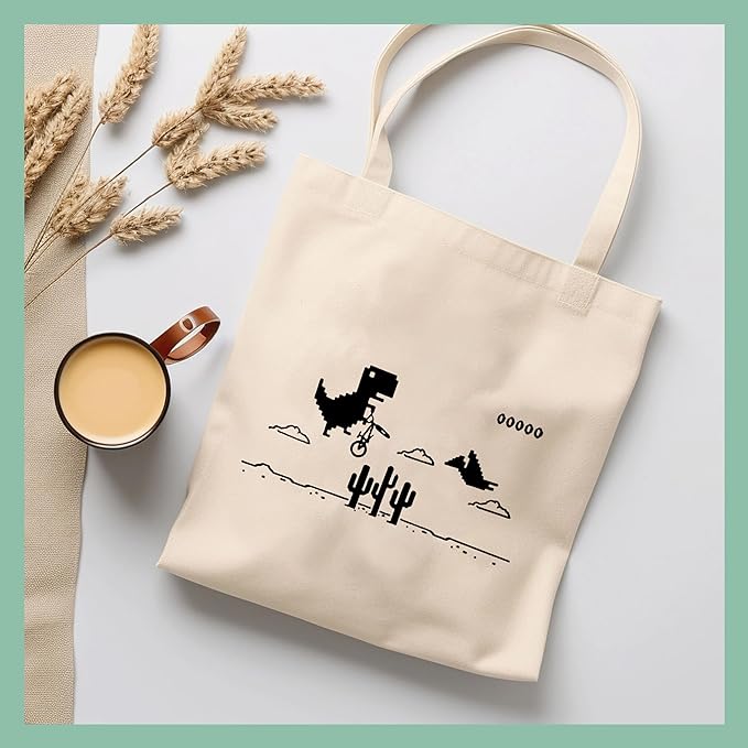 Cool dino print cotton duck tote bag lifestyle shoot