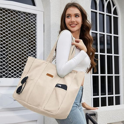 Woman holding a beige tote bag with a phone case attached, standing outdoors.