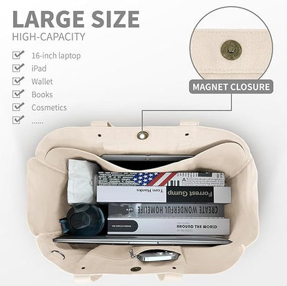 Beige bag with compartments holding books, a wallet, and a laptop, labeled 'Large Size' and 'High Capacity'.