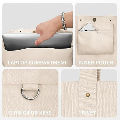 Beige pouch with laptop compartment, inner pouch, D ring for keys, and rivet details.