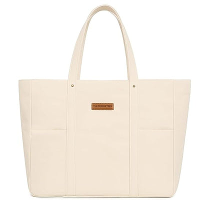 Beige tote bag with a brand label on a white background
