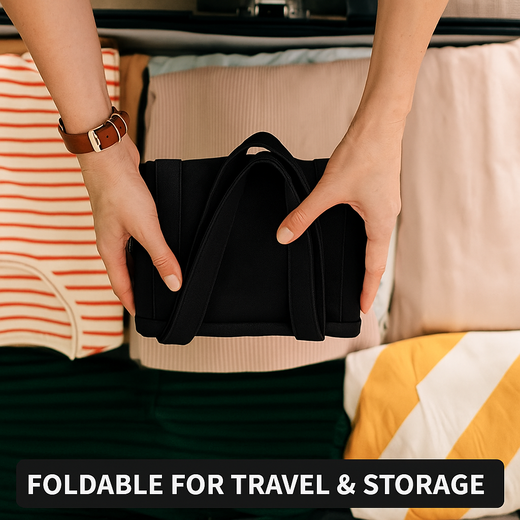 Person holding a black foldable bag with text 'Foldable for Travel & Storage' in a casual setting.