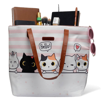 A tote bag featuring a cute cat design, perfect for cat lovers on the go.