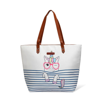 Trendy white tote bag showcasing a cool unicorn in glasses, a fun and unique addition to your accessory collection.