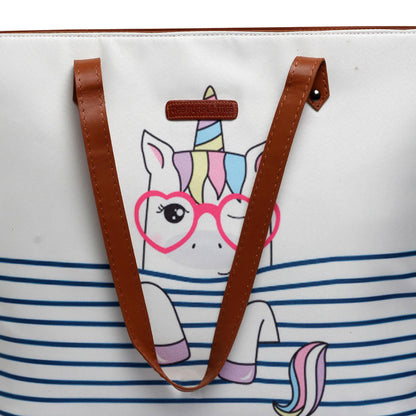A stylish white tote bag featuring a cool unicorn wearing glasses. Perfect for adding a touch of whimsy to your outfit!