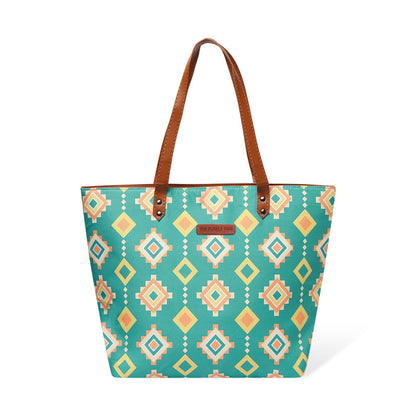 Eye-catching green and yellow tribal pattern tote bag, a trendy addition to your wardrobe.