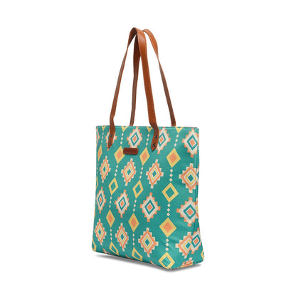  Stylish green and yellow tribal print tote bag, a fashionable choice for any occasion.
