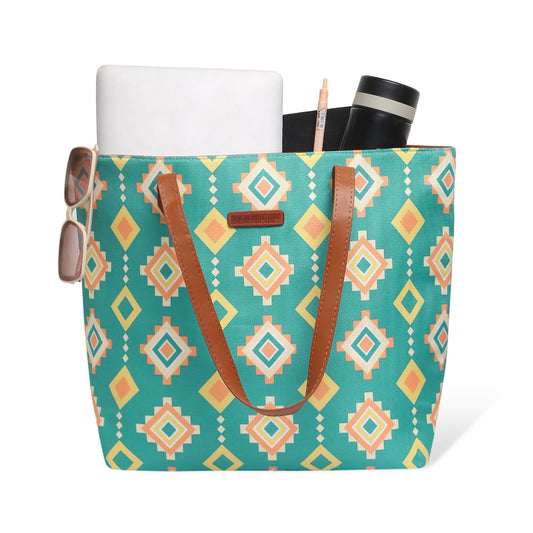 Green and yellow tribal pattern tote bag, perfect for adding a pop of color to your outfit.