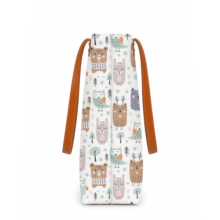 A white tote bag adorned with a delightful pattern of adorable animals. Perfect for animal lovers!