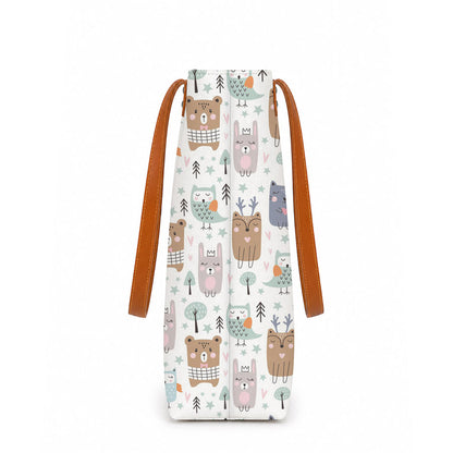 A white tote bag adorned with a delightful pattern of adorable animals. Perfect for animal lovers!