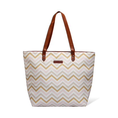 Stay on-trend with this fabulous pink and gold chevron pattern tote bag, a stylish addition to your wardrobe.