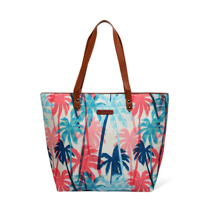 Vibrant tote bag featuring a palm tree print, ideal for adding a pop of color to your outfit.