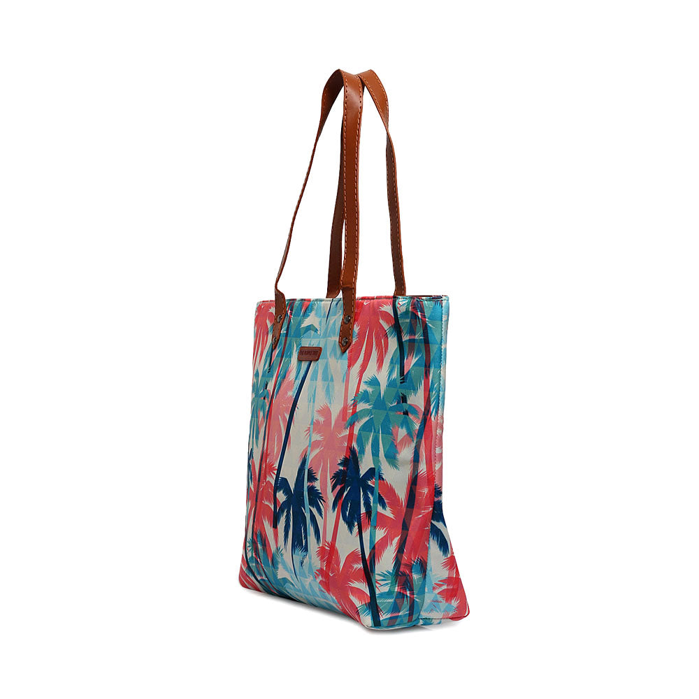 Eye-catching palm tree print tote bag, great for carrying your essentials in style.
