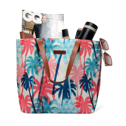 A vibrant tote bag with a palm tree print, perfect for adding a pop of color to your outfit.