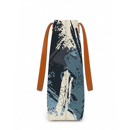 Large Tote bag with abstract design and brown straps on a white background