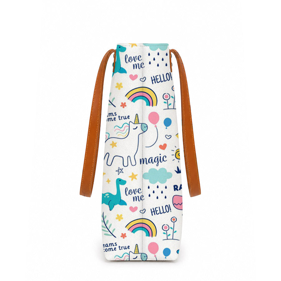 Colorful tote bag with animal and nature-themed design on a wooden surface.