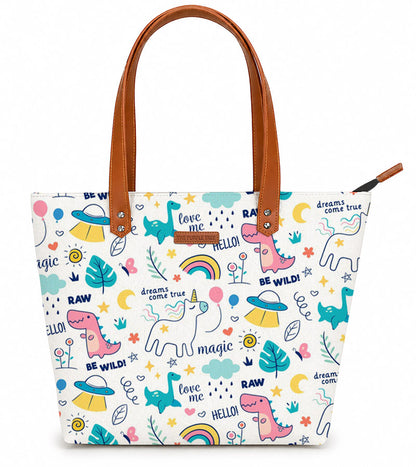 Colorful tote bag with animal and nature-themed design on a wooden surface.