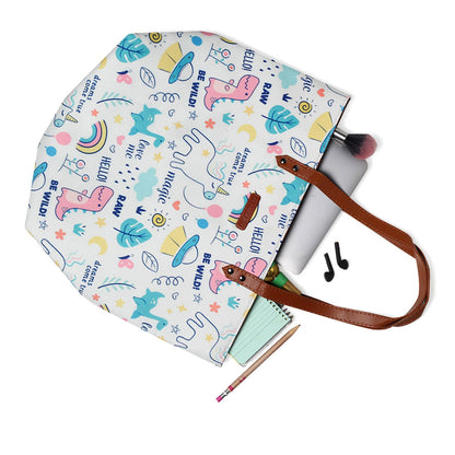 Fashionable white tote bag decorated with a whimsical unicorn graphic, bringing a touch of whimsy to your outfit.