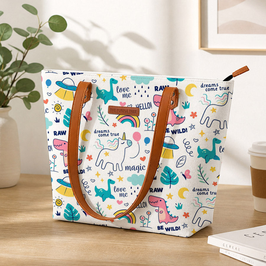 Colorful tote bag with animal and nature-themed design on a wooden surface.