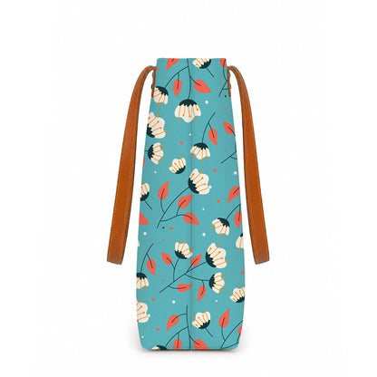 Floral-patterned bag with brown straps on a white background