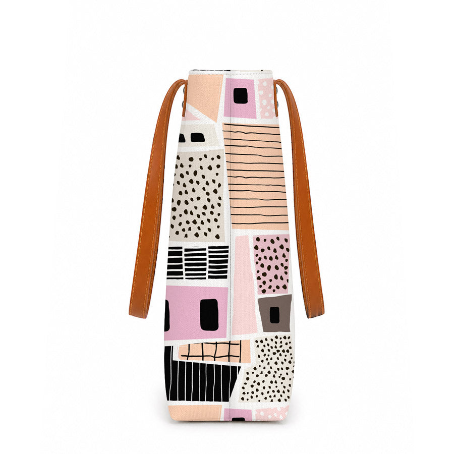 Pink and black tote bag with house pattern