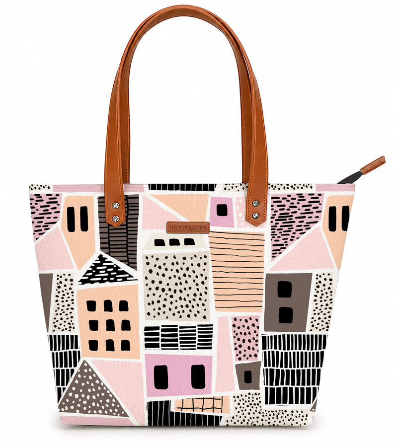 Pink and black tote bag with house pattern