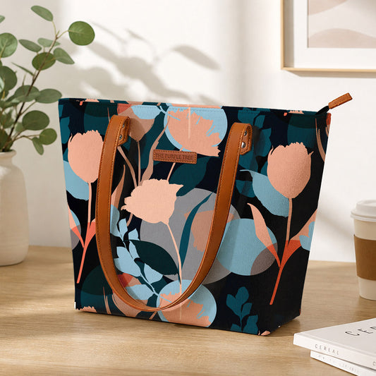 Floral-patterned tote bag on a wooden surface with a plant and coffee cup in the background
