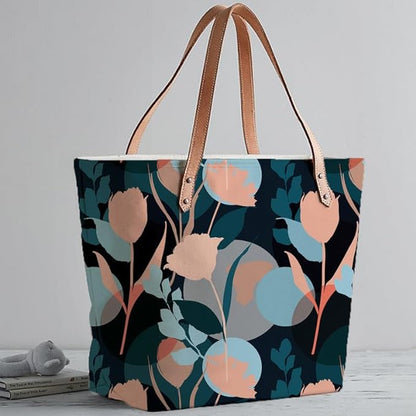 Trendy black and blue floral print tote bag, great for adding a pop of color.