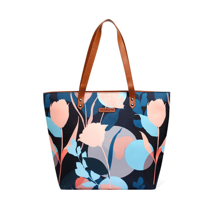 A stylish black and blue floral print tote bag, perfect for carrying your essentials with a touch of elegance.